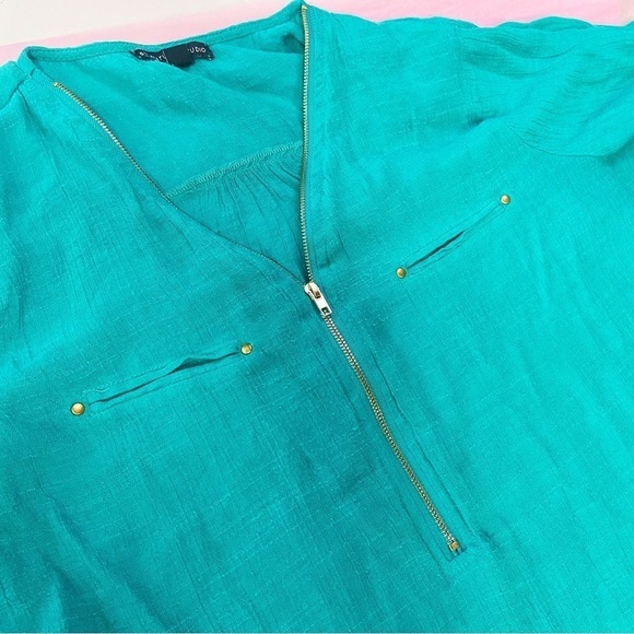 Signature Studio teal gauzy zip neckline roll sleeve summer tunic top M - Picture 5 of 10